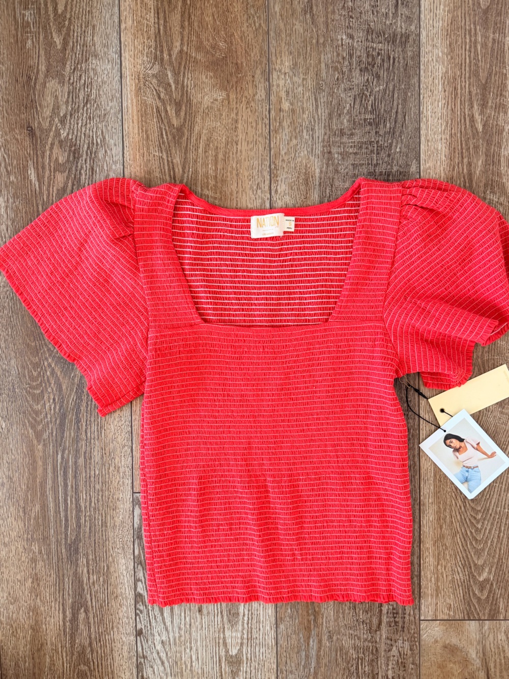 Nation LTD Red Square-Neck Puff Sleeve smocked top